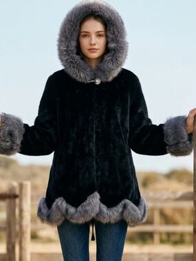 NWOT GORGEOUS FAUX BLACK, GREY FUR COAT.